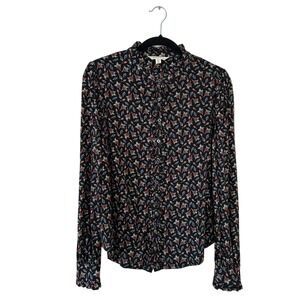 Boden Black Floral Ruffle Collar Button Down Blouse US 10